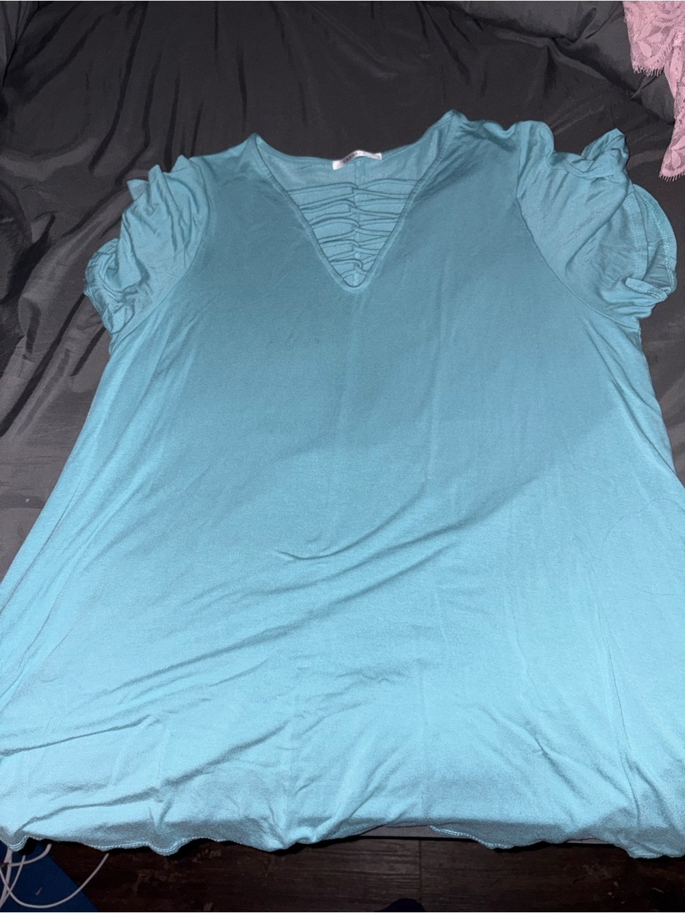 Emerald Teal Lattice V-Neck Short Sleeve Top